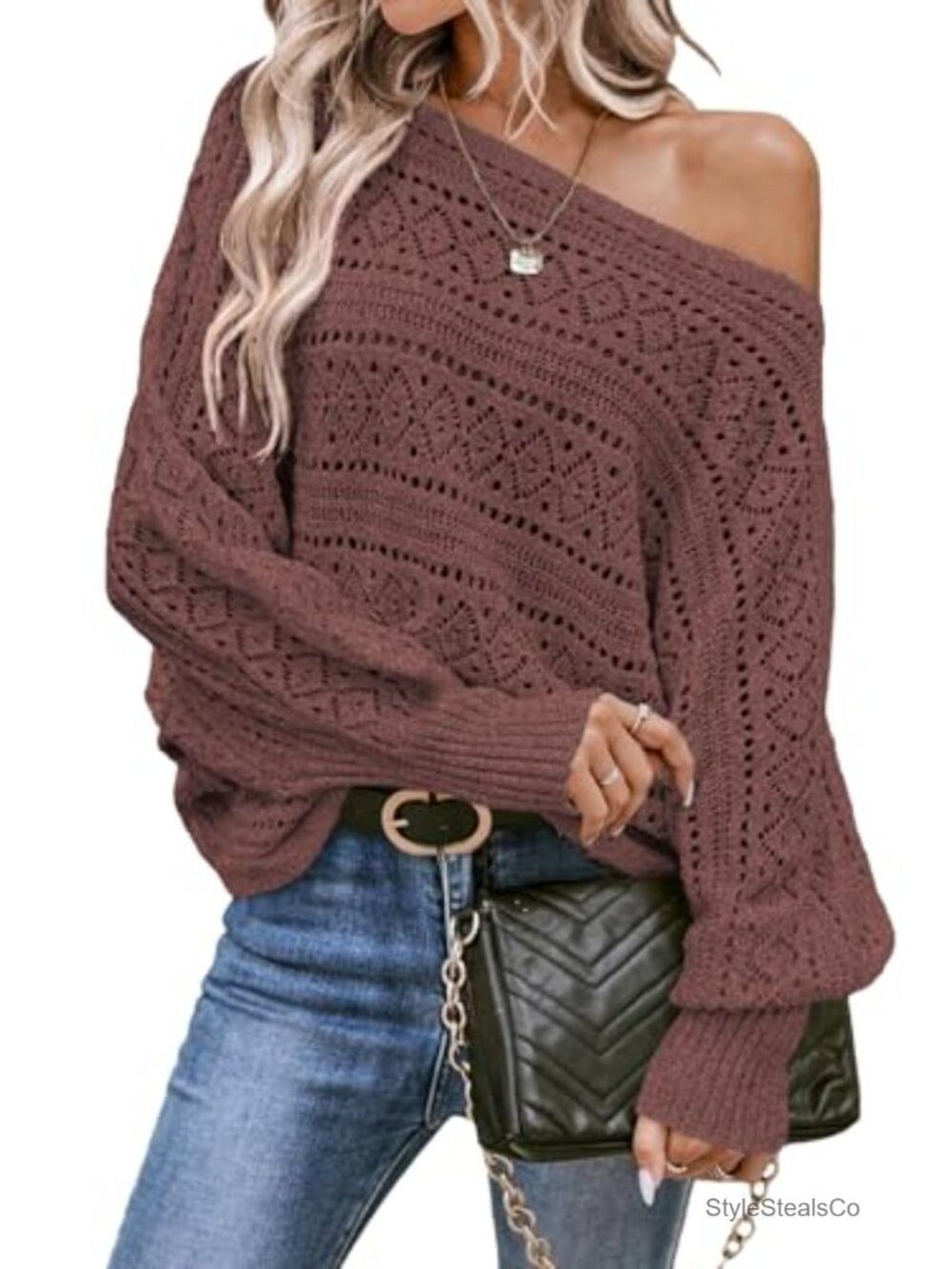 EVALESS Womens Crochet Boat Neck Long Batwing Sleeve Loose Sweaters